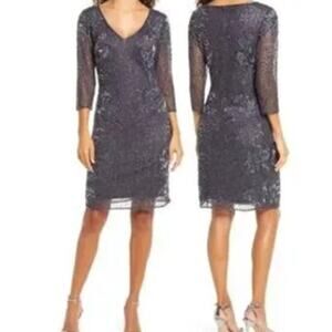 Pisarro Nights Beaded Sequin Mini Dress Slate Gray Cocktail Formal Size 14 NWT